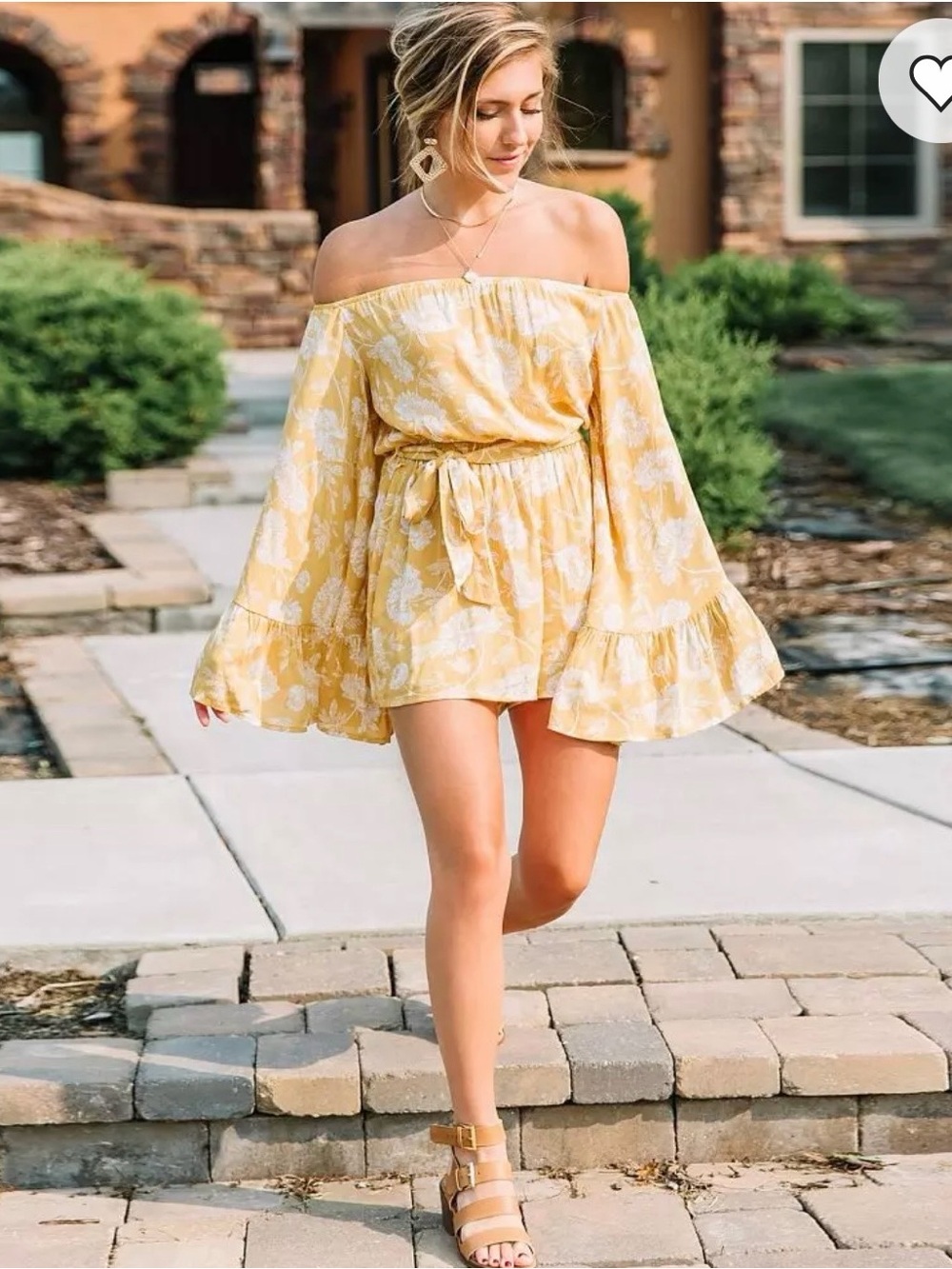 FAVLUX Yellow Floral Off the Shoulder, 3/4 Sleeve, Bell Arms Romper